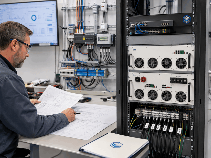 MegSolid PMA modular energy storage PCS installed in a 19-inch control rack during an engineering model-data and interface review