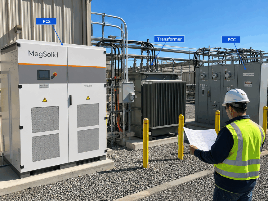 MegSolid MEGA energy storage PCS beside a transformer, PCC switchboard and engineer reviewing the single-line diagram