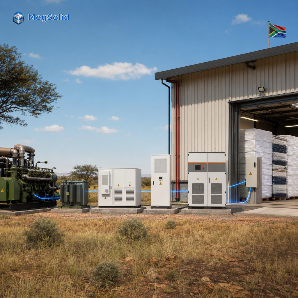 South African mattress factory with community gas-turbine source, transformer, ESSA outdoor BESS cabinet, Energon liquid-cooled cabinet and MEGA TS PCS on one electrical yard