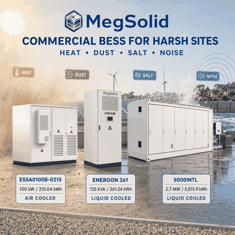 MegSolid commercial BESS for harsh sites comparing heat dust salt and noise across ESSA Energon 261 and 5000INTL