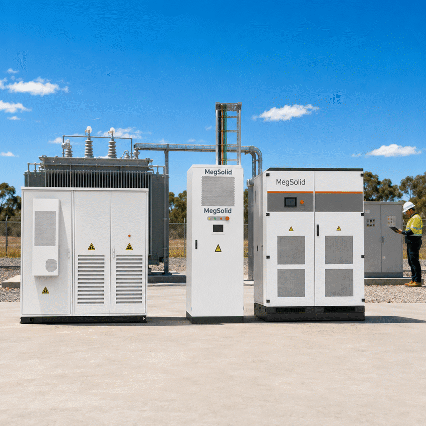 MegSolid air-cooled BESS cabinet, liquid-cooled C&I cabinet, MEGA PCS, transformer and PCC at an Australian industrial facility with ROI data review