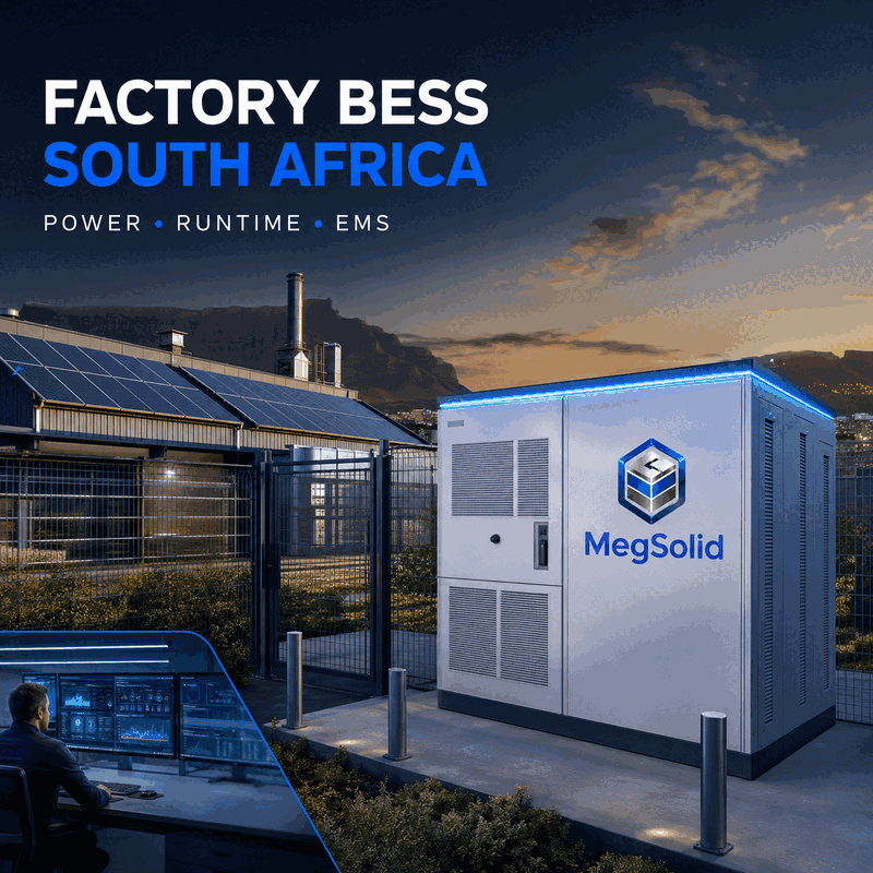 MegSolid commercial battery storage system supporting a South African factory with solar, peak shaving and backup power