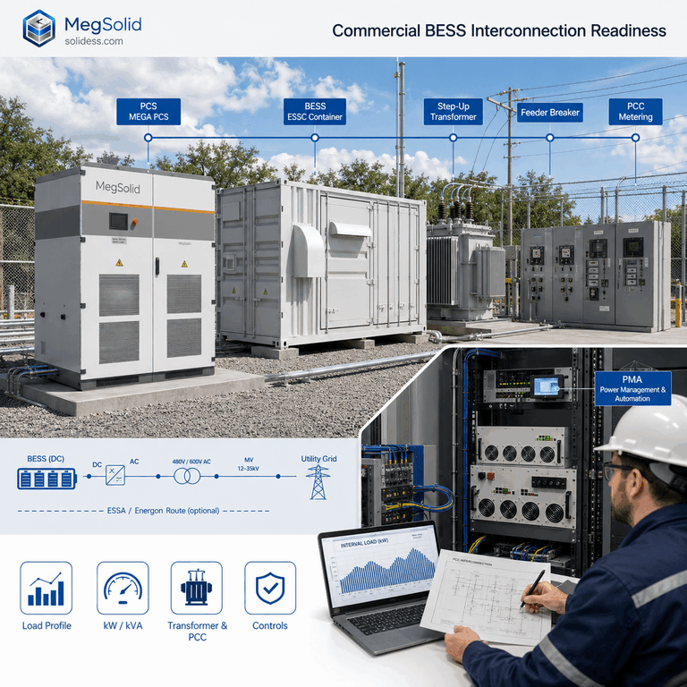 MegSolid MEGA PCS, ESSC containerized BESS, PMA modular PCS rack, transformer and PCC in a commercial BESS interconnection overview