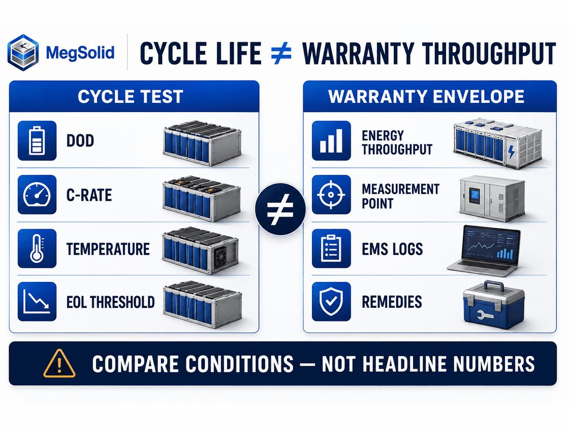 Decision matrix comparing battery cycle life with C&I BESS warranty throughput and capacity retention