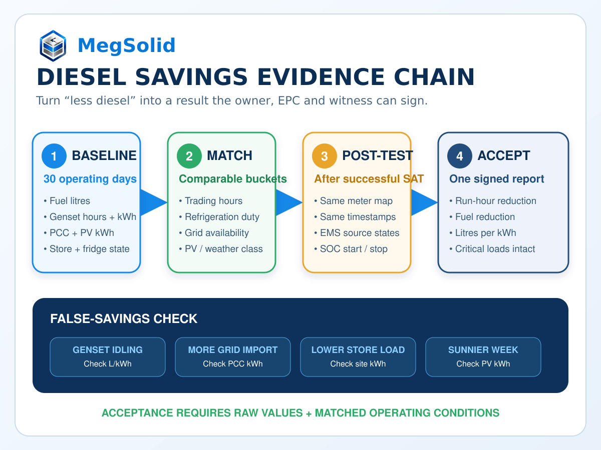 Diesel-savings evidence-chain diagram showing the 30-day baseline, comparable operating buckets, post-SAT test, signed acceptance results and four false-savings checks.