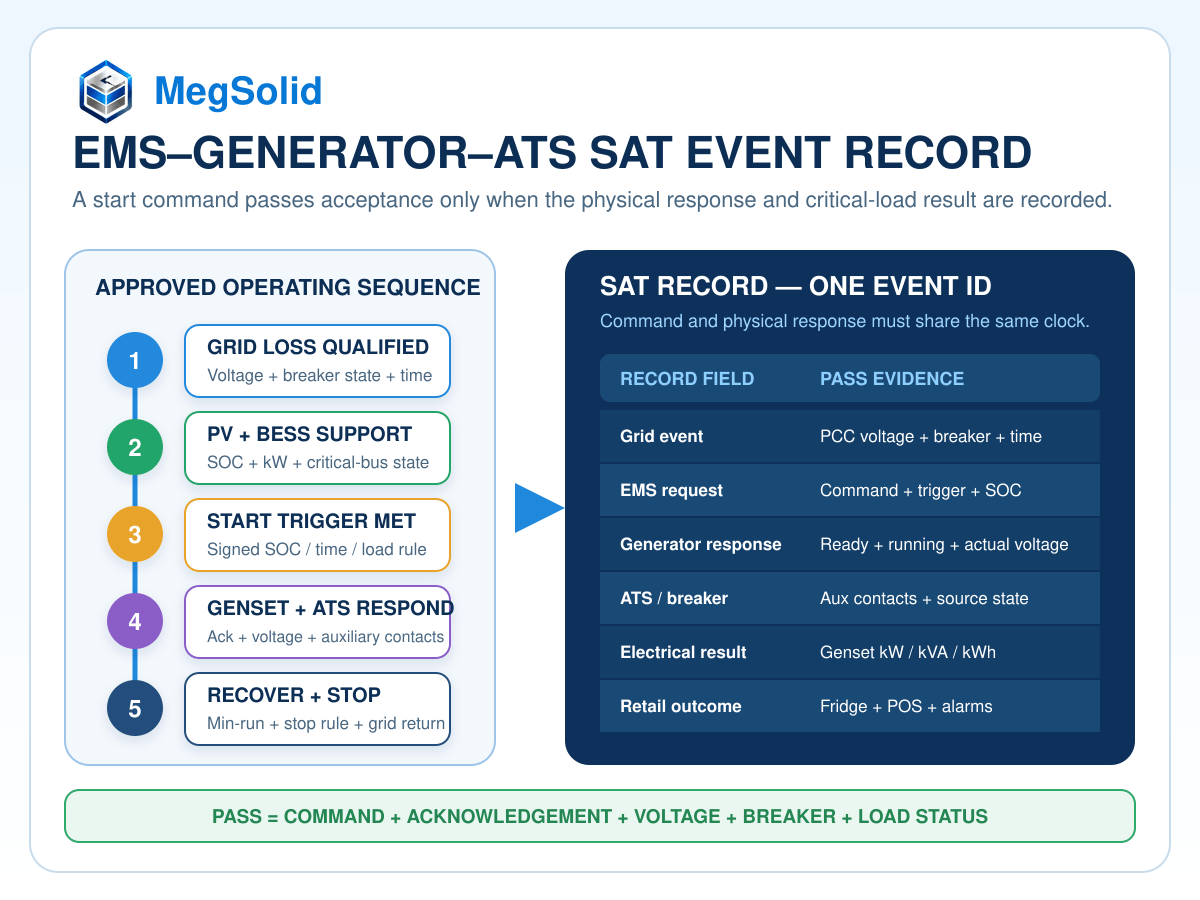 EMS, generator and ATS site-acceptance diagram matching the approved start-stop sequence to one event record with command, acknowledgement, voltage, breaker and critical-load evidence.