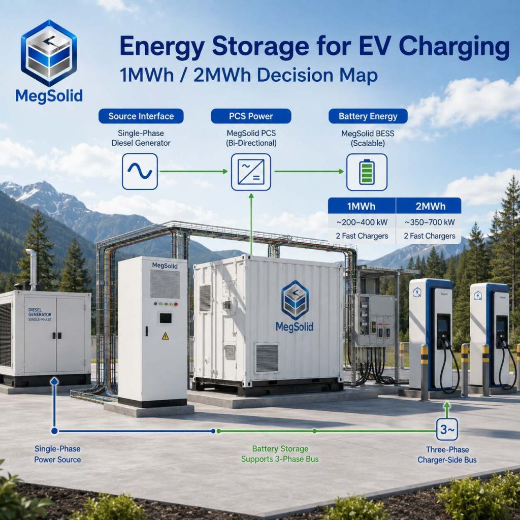 MegSolid off-grid EV fast-charging system in British Columbia showing a diesel source, PCS, BESS and three-phase chargers with a 1MWh and 2MWh decision map