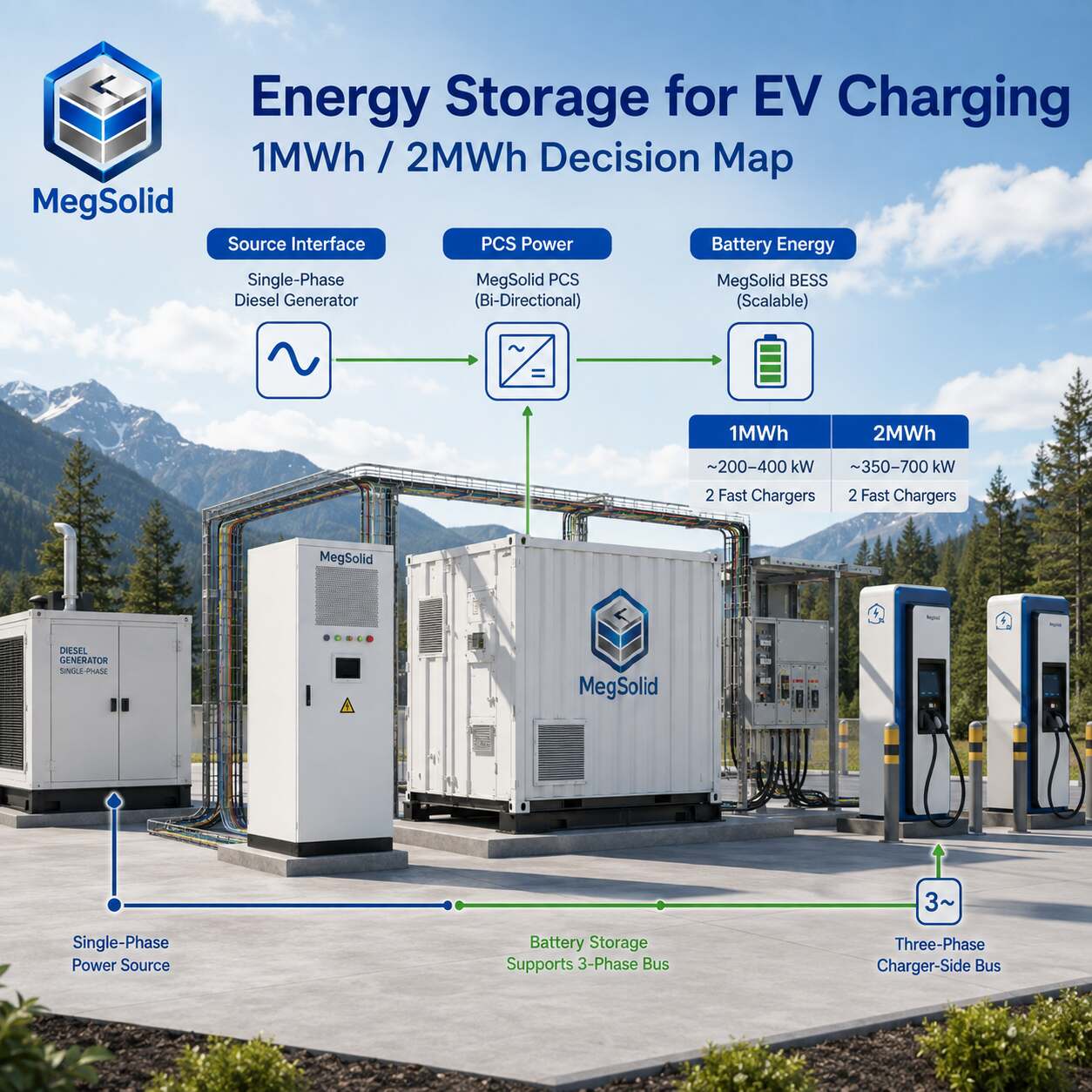 MegSolid buite-net EV-snellaaistelsel in British Columbia wat 'n dieselbron, PCS, BESS en driefase-laaiers met 'n 1 MWh- en 2 MWh-besluitkaart wys