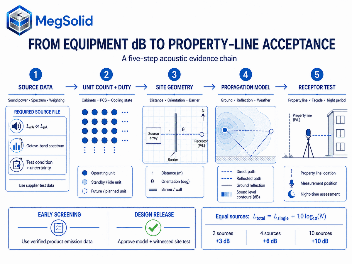 MegSolid five-step acoustic evidence chain from source data and unit count through site modelling to property-line receptor testing.