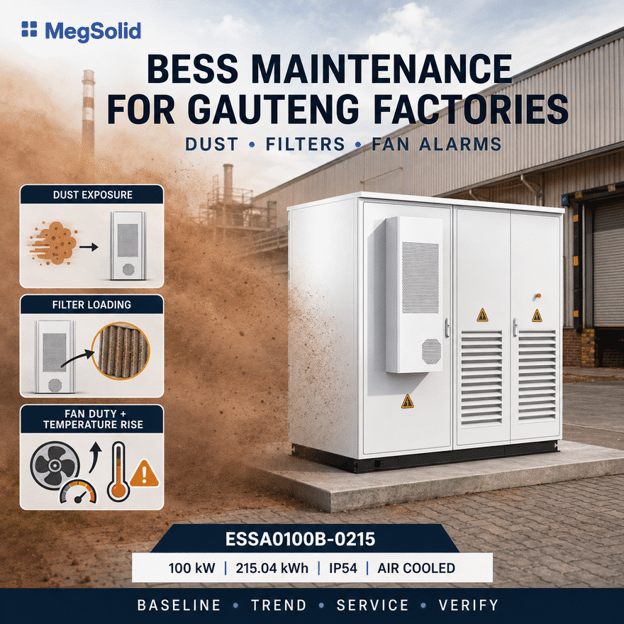 MegSolid ESSA0100B-0215 air-cooled BESS at a dusty Gauteng factory showing filter loading, higher fan duty and temperature alarm risk
