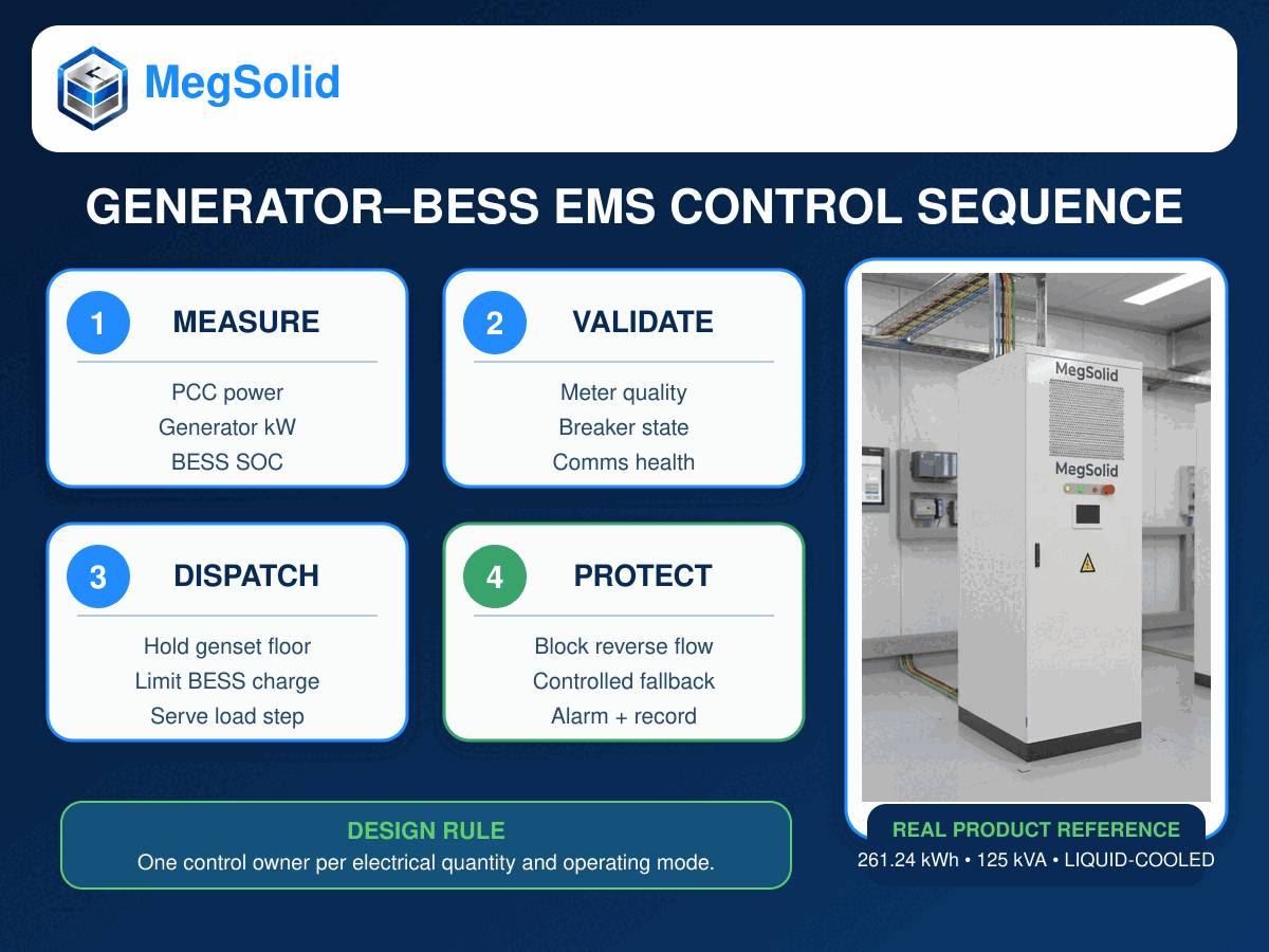 Séquence de commande du système EMS du générateur BESS, à côté de l'armoire MegSolid Energon 261,24 kWh 125 kVA à refroidissement liquide, en situation réelle