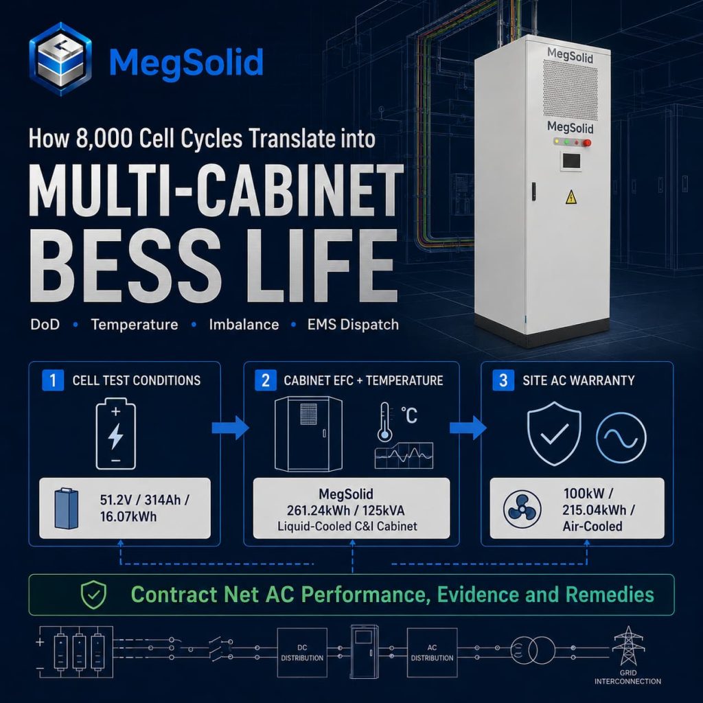 Isigqubuthelo sobomi se-BESS se-MegSolid esineekhabhathi ezininzi esibonisa ikhabhathi yokwenyani eyi-261.24kWh epholisiweyo ngulwelo kunye nendlela yokwenza izigqibo zewaranti yomjikelo-ukuya-kwindlela-yonke.