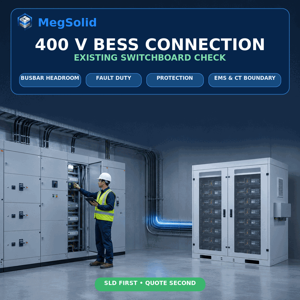 Electrical engineer checking an existing 400 V switchboard before connecting a MegSolid C&I BESS