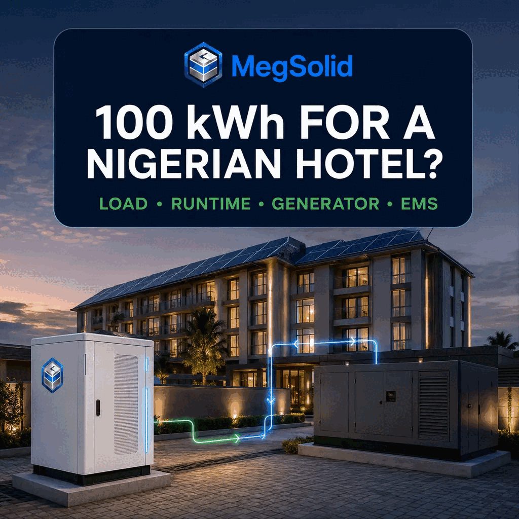 MegSolid 100 kWh hotel battery storage sizing concept for a Nigerian hotel with solar PV, grid and generator
