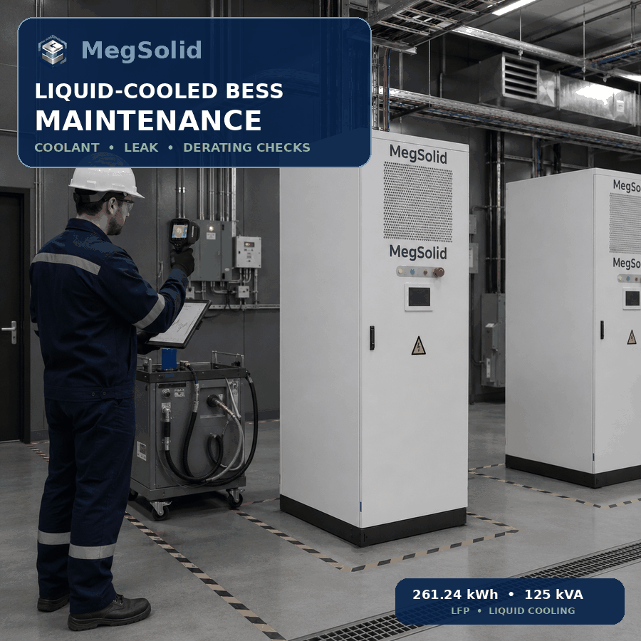 Maintenance engineer inspecting the real MegSolid Energon 261.24kWh 125kVA liquid-cooled C&I energy storage cabinet