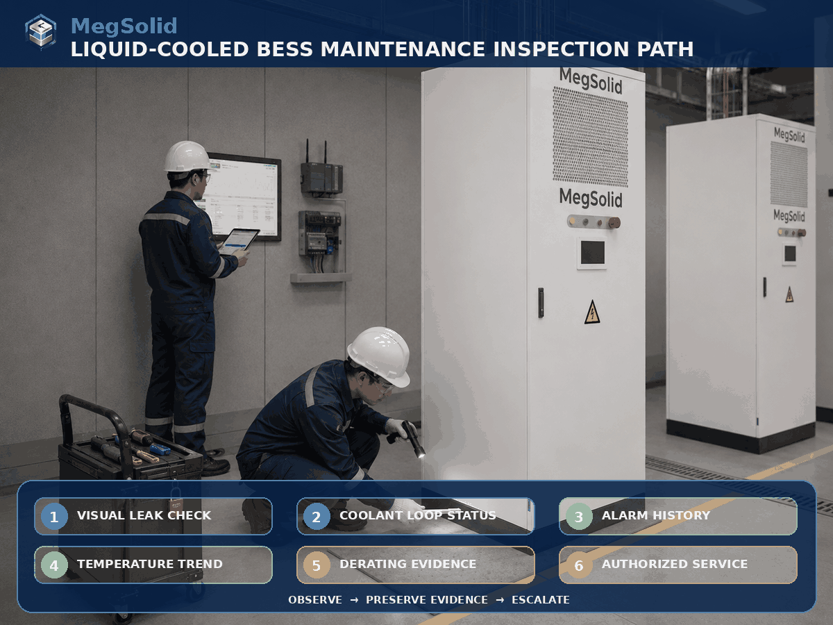 Six-step coolant circuit leak alarm temperature and housekeeping inspection path around the real MegSolid 261.24kWh cabinet