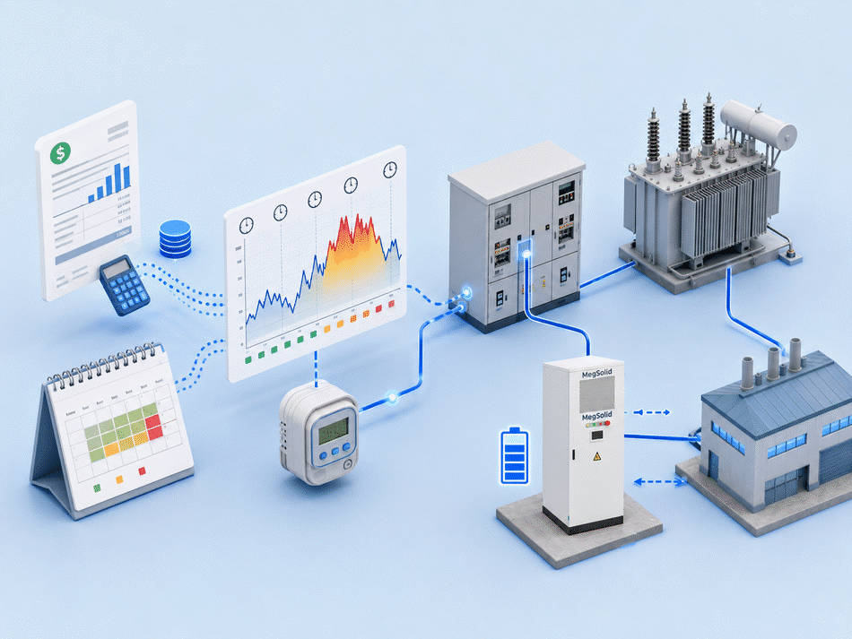 Industrial electricity bill, 15-minute load profile, smart meter, PCC switchboard, transformer and a real MegSolid C&I BESS connected in an ROI data workflow