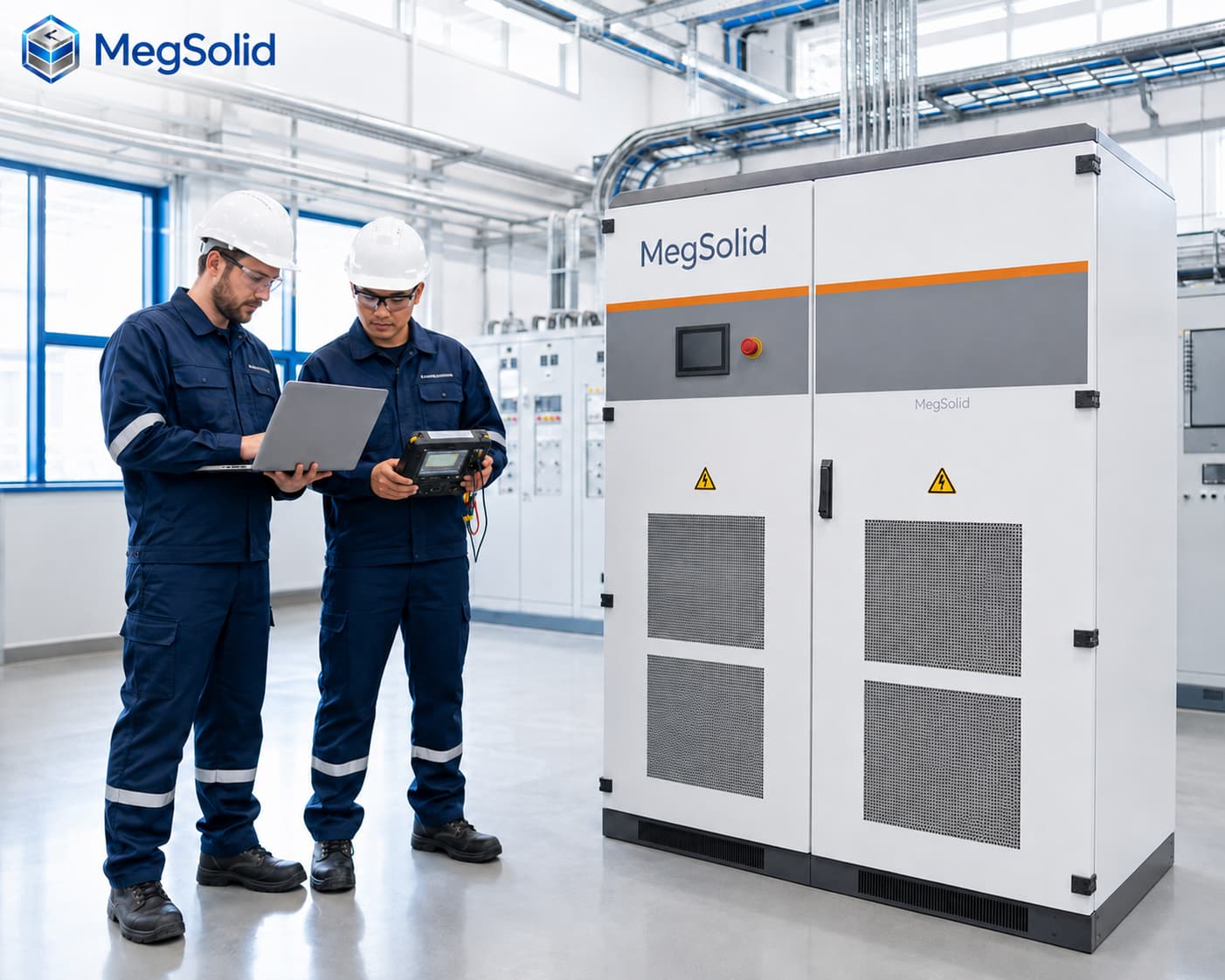 Engineers reviewing voltage, harmonic and power-factor acceptance evidence beside a MegSolid MEGA PCS.