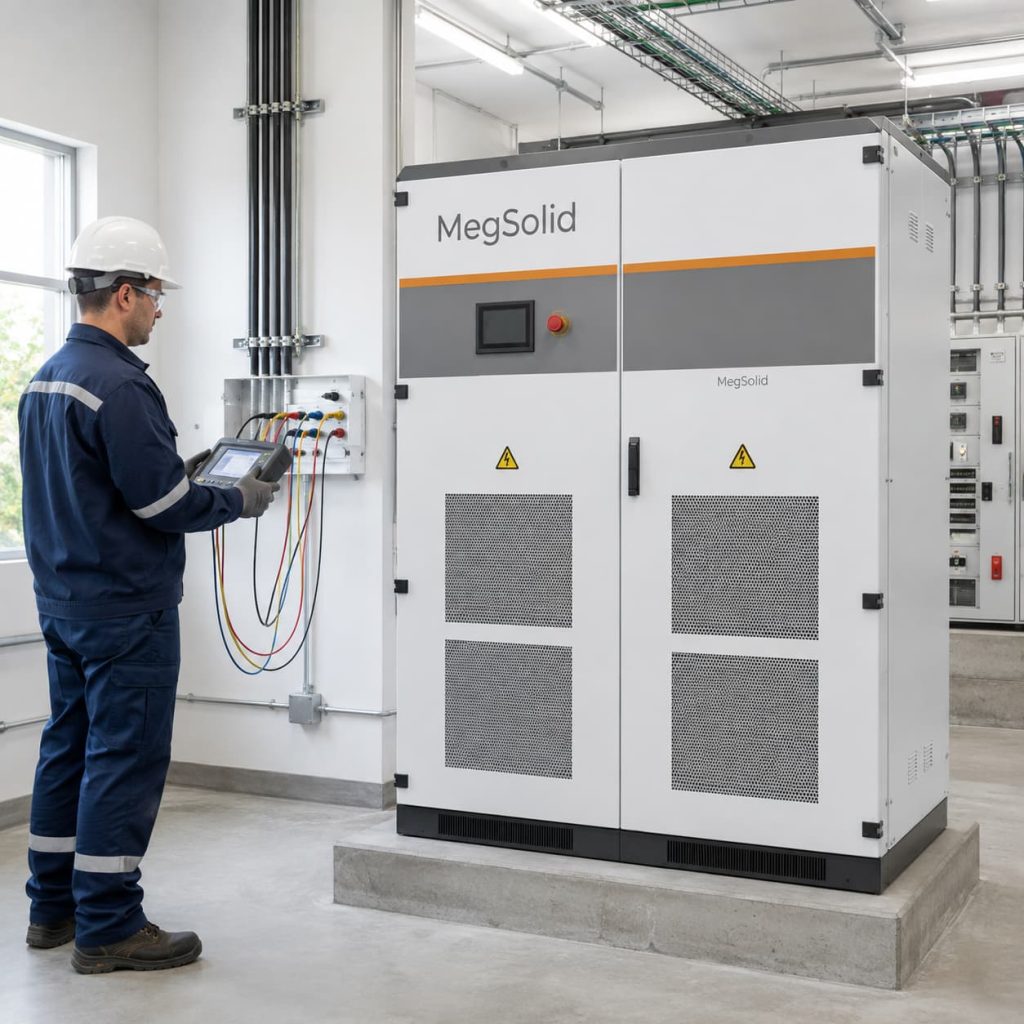 MegSolid MEGA energy storage PCS during a commercial BESS power-quality commissioning test.