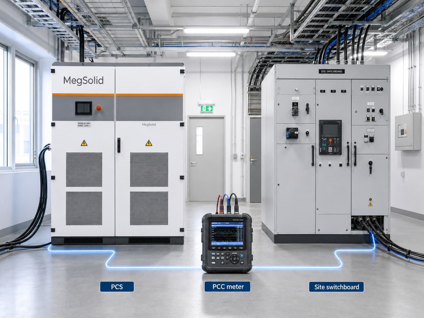 جهاز قياس جودة الطاقة MegSolid MEGA PCS وPCC ولوحة التوزيع الخاصة بالموقع أثناء اختبار الاستلام التجاري لنظام تخزين الطاقة بالبطاريات (BESS).