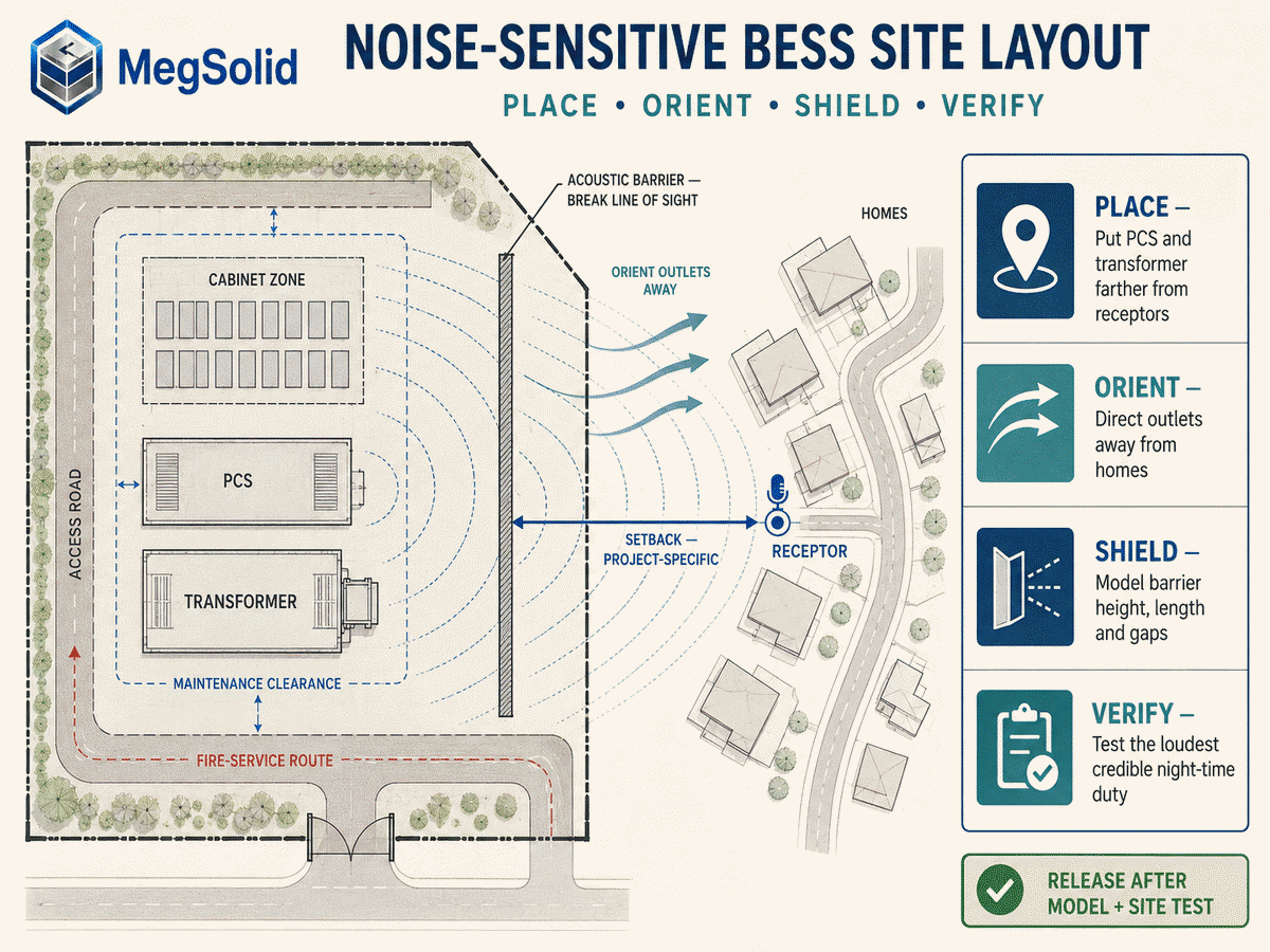 MegSolid top-down BESS noise-sensitive site layout showing the cabinet zone, PCS, transformer, acoustic barrier, nearby homes and receptor.