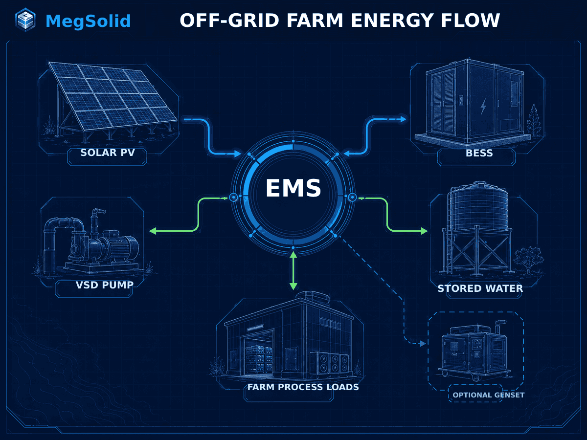 EMS energy-flow diagram for solar BESS irrigation water storage farm loads and an optional generator