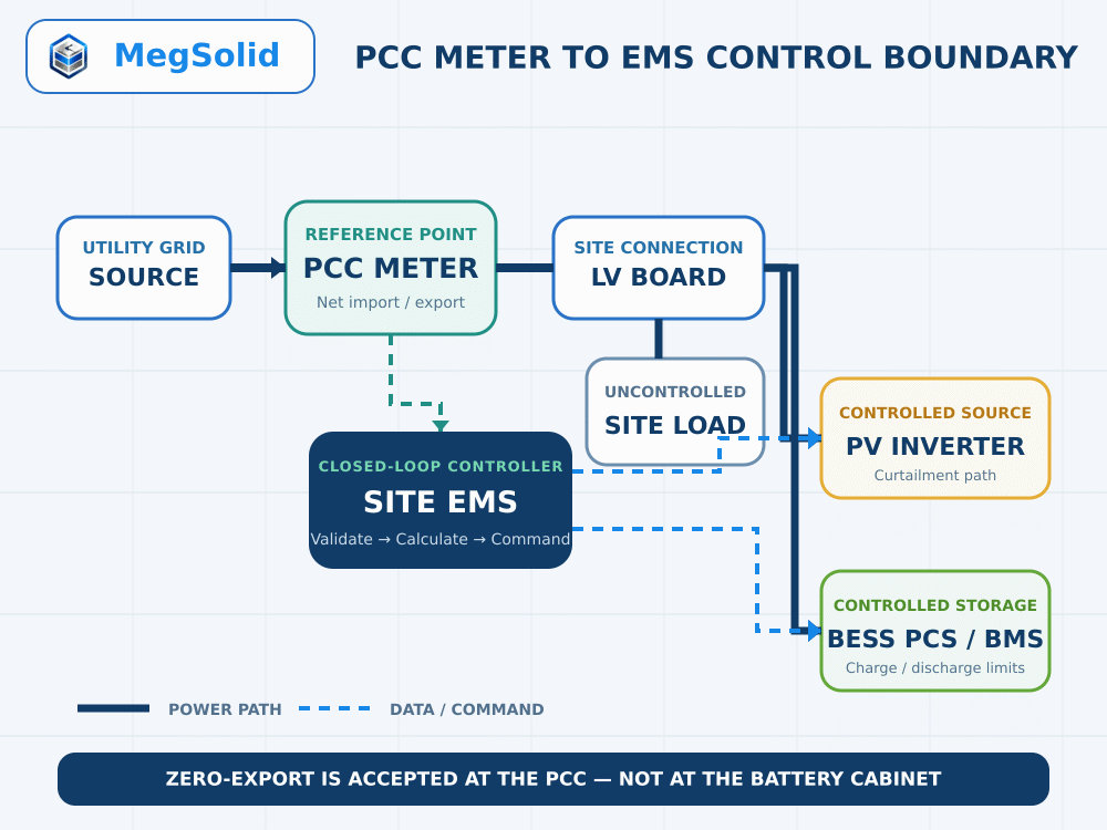 MegSolid zero-export control architecture linking the PCC meter EMS PV inverter and BESS PCS