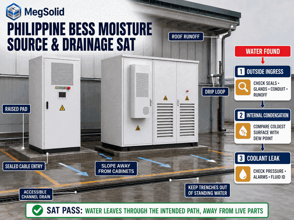 Real MegSolid ESSA and Energon products on raised pads with roof runoff, site slope, cable entry and channel-drain SAT checks