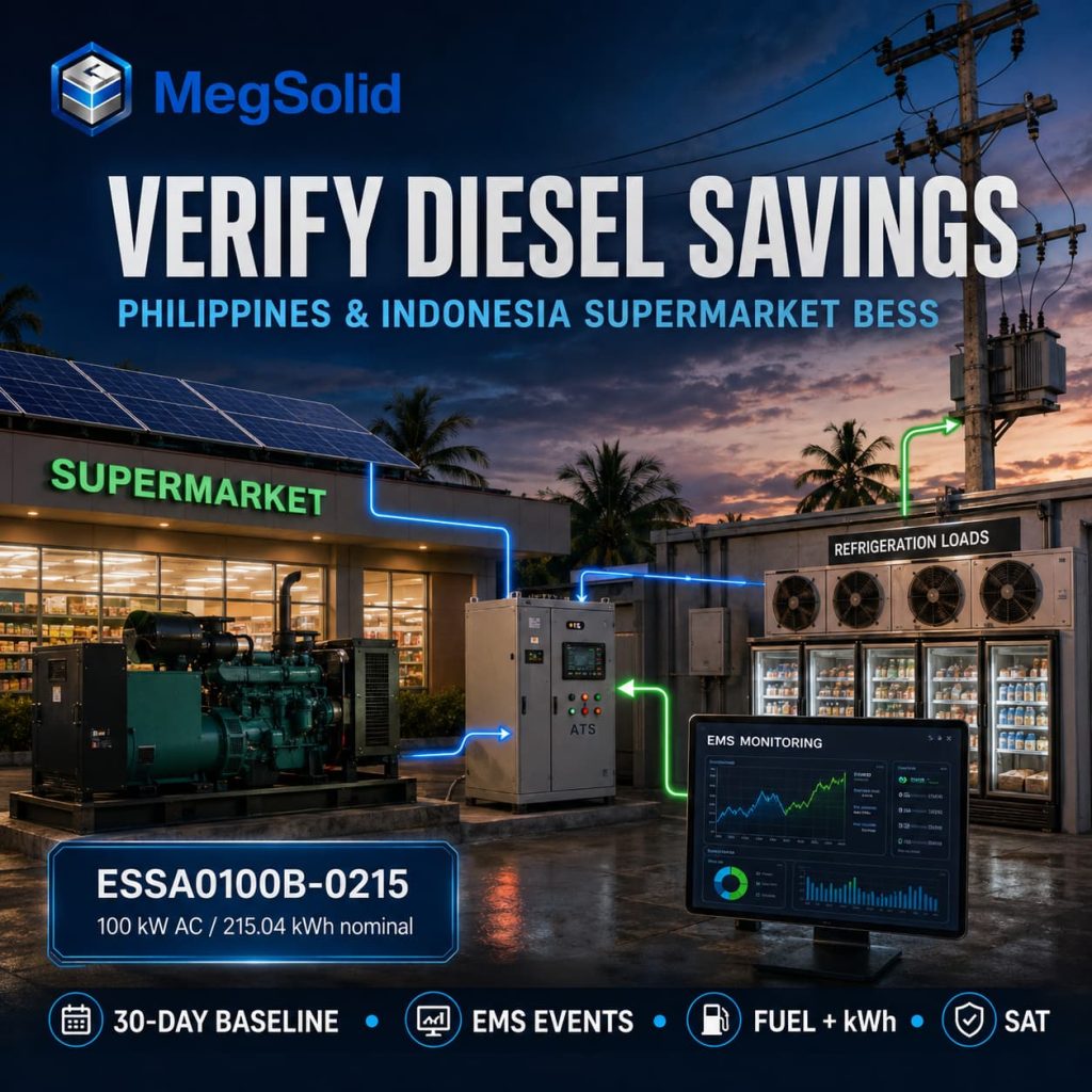 Ikhadi lepharamitha yenyani le-MegSolid engineering cover ye-supermarket yasePhilippines nase-Indonesia i-BESS elibonisa i-PV, i-grid, i-generator, i-ATS, imithwalo yokuqhoqhoza, ukubeka iliso nge-EMS kunye ne-ESSA0100B-0215 100 kW AC 215.04 kWh.