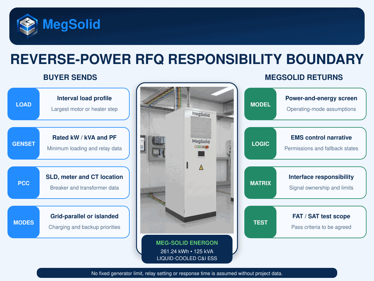 Matrice des responsabilités de l'acheteur et de MegSolid relative à l'appel d'offres concernant l'armoire C&I à refroidissement liquide d'une puissance réelle de 261,24 kWh et de 125 kVA