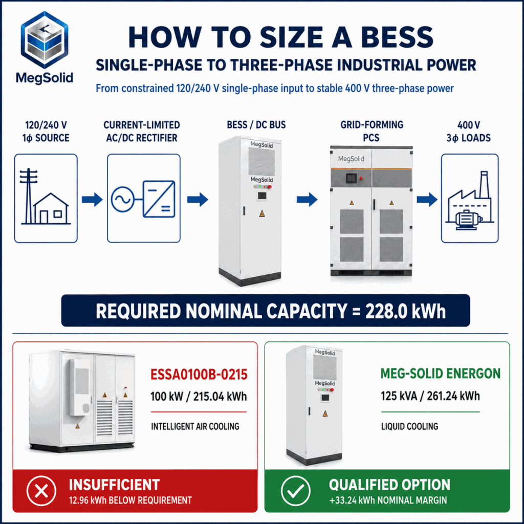 MegSolid 215.04 kWh air-cooled cabinet, 261.24 kWh liquid-cooled BESS and 400 V three-phase PCS integrated into a single-phase to three-phase engineering infographic