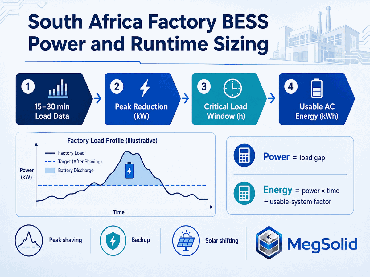 Factory BESS sizing diagram for South Africa showing load profile, peak power, critical load runtime and usable AC energy