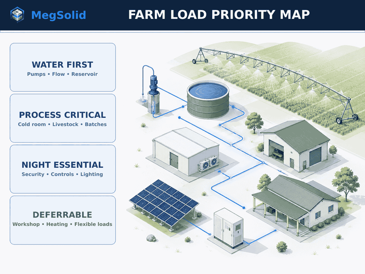 Off-grid South African farm load priority map separating water, process, night-essential and deferrable loads