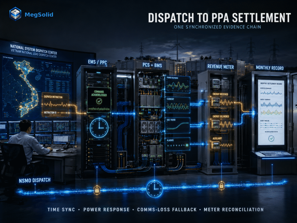 Vietnam BESS-afleweringsinstruksie, EMS, PCS, BMS, inkomstemetering en maandelikse PPA-afrekeningsbewysketen