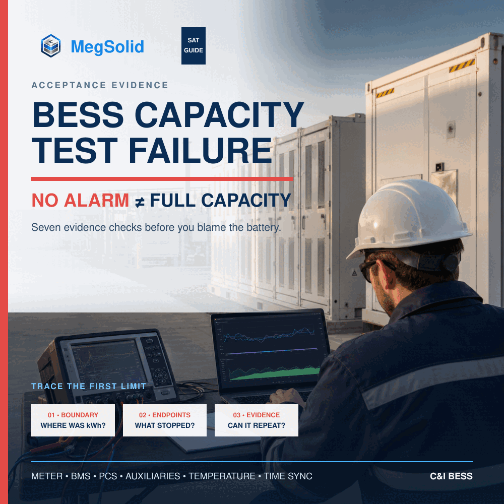 MegSolid engineer investigating a BESS capacity test failure during site acceptance testing