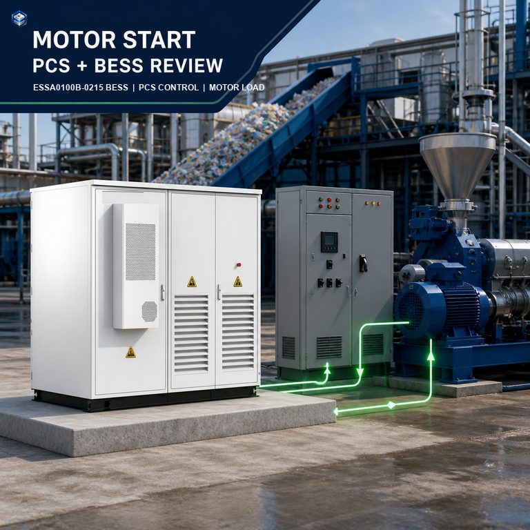 MegSolid outdoor BESS cabinet, PCS control cabinet and industrial extruder motor at a recycling plant