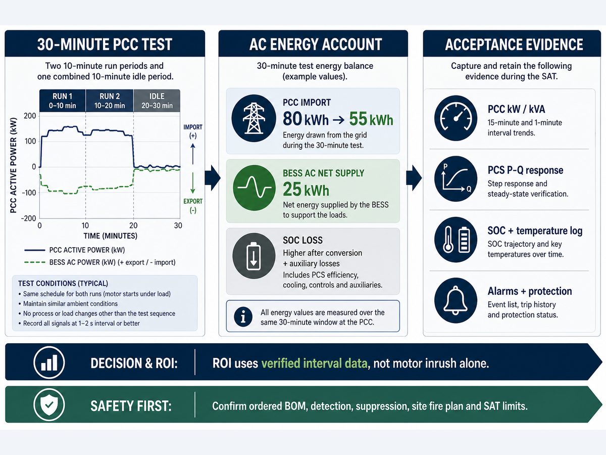 Diagram van 'n 30-minuut PCC-toets, AC-energie-rekening, SOC-verlies en SAT-bewyse vir BESS motor-start en vraagbeheer
