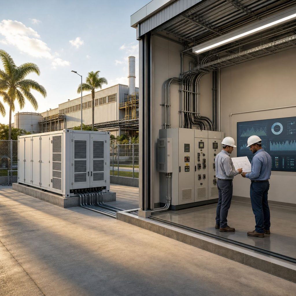 Engineers reviewing a commercial battery energy storage system plan for a manufacturing facility.