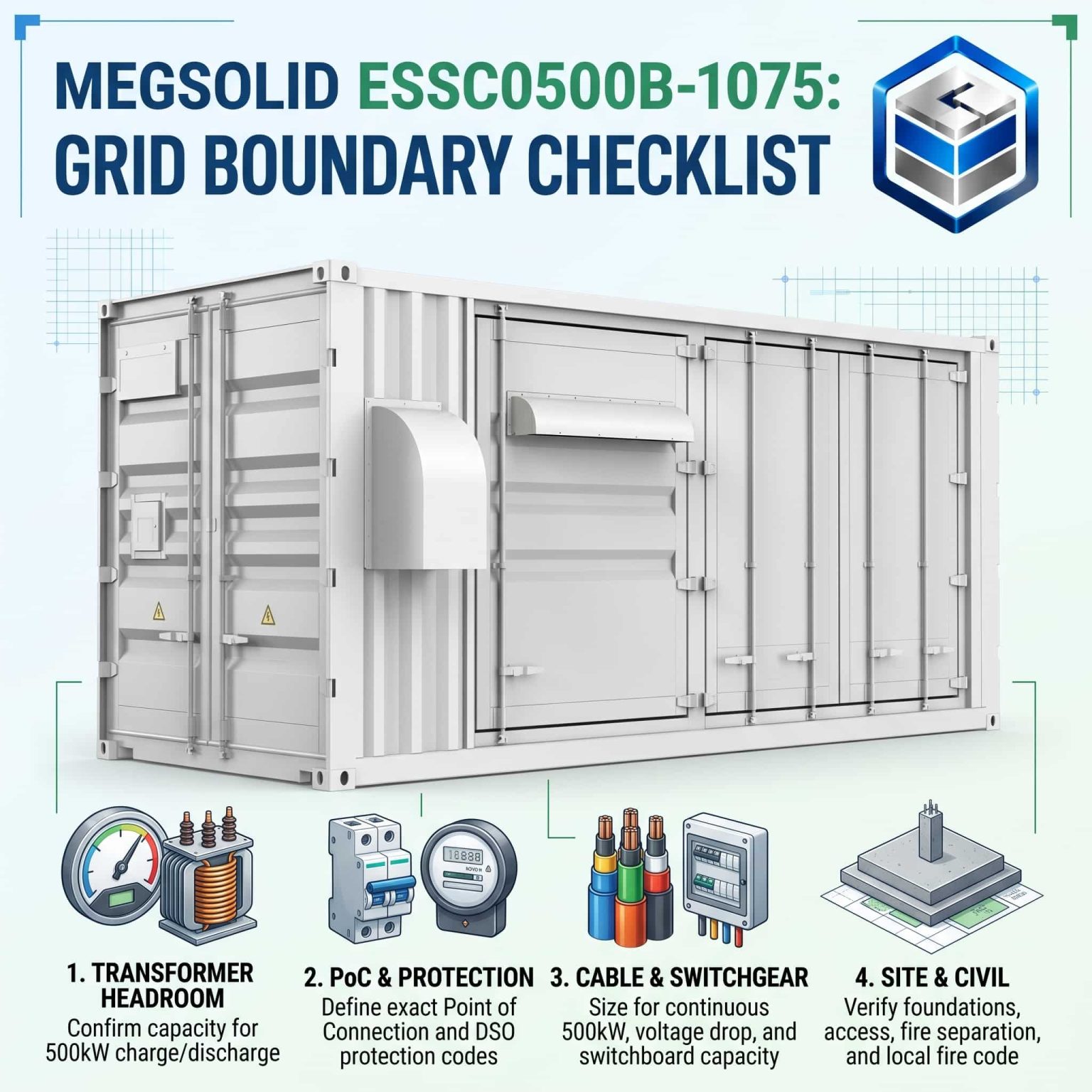 MegSolid ESSC0500B-1075 500 kW / 1.0752 MWh containerized BESS for European factory transformer and grid-connection boundary planning
