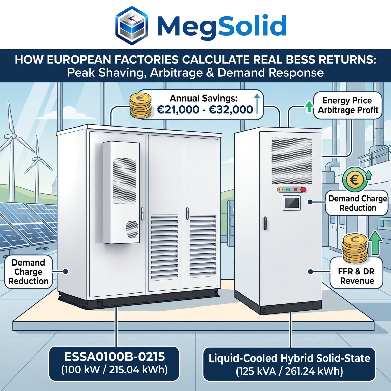 MegSolid ESSA0100B-0215 3-door outdoor cabinet and Meg-Solid Energon 261.24 kWh liquid-cooled BESS cabinet installed at a European industrial factory