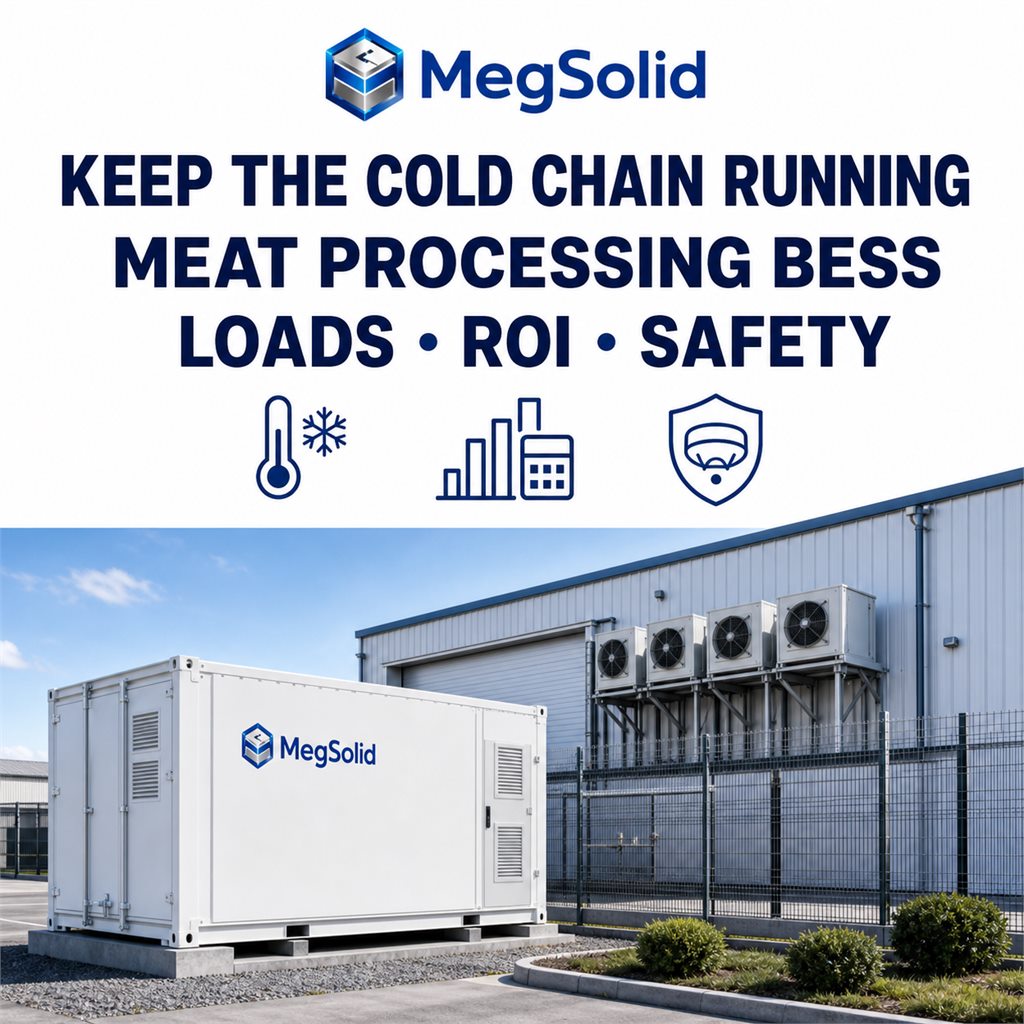 MegSolid outdoor battery energy storage cabinet beside a South African meat-processing cold store and refrigeration equipment