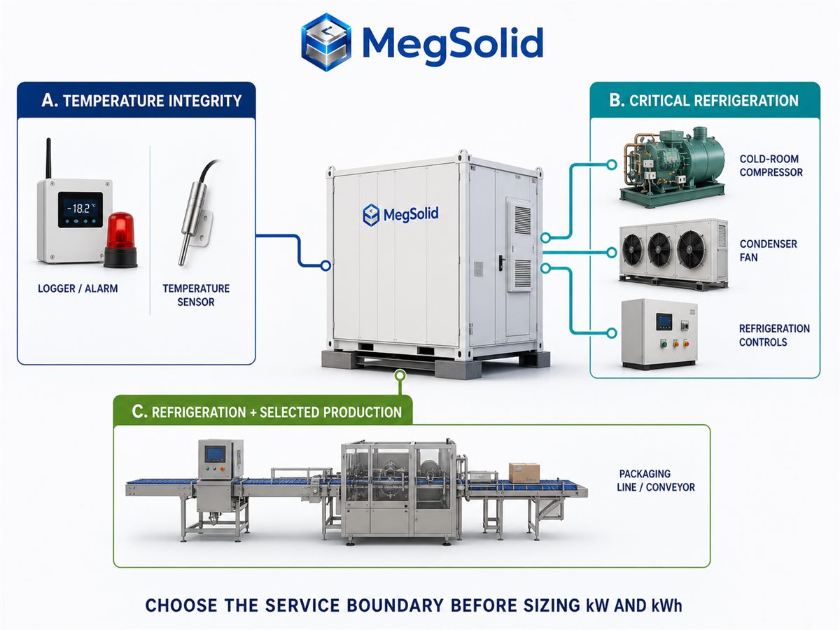 MegSolid BESS ondersteun afsonderlike temperatuurmonitering, verkoelingskompressors en geselekteerde vleisverwerkingsuitrusting by 'n koue-bergingsfabriek.