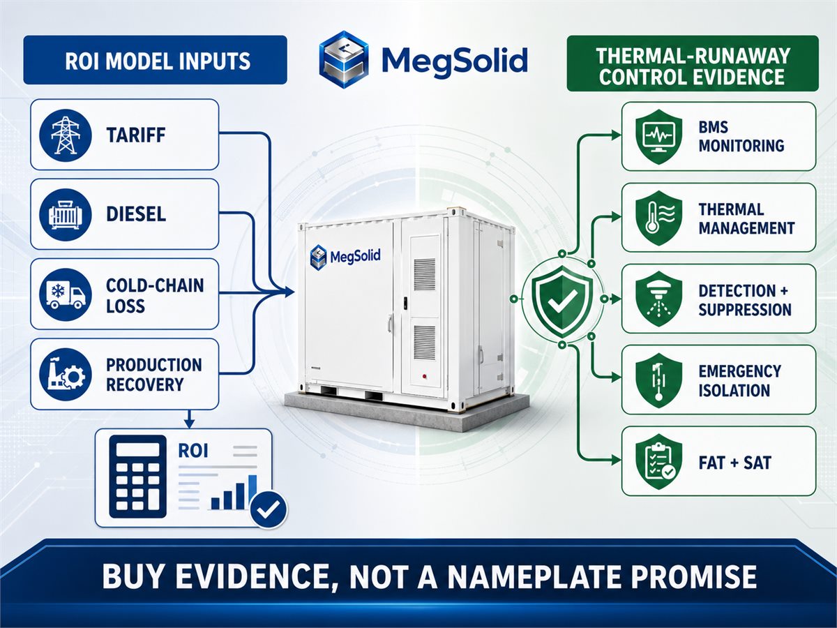 MegSolid BESS langs 'n koue-bergingsfasiliteit met elektrisiteitsrekeninge, dieselregister, temperatuurrekords, opsporingsapparaat, noodisolasie en inspeksielys
