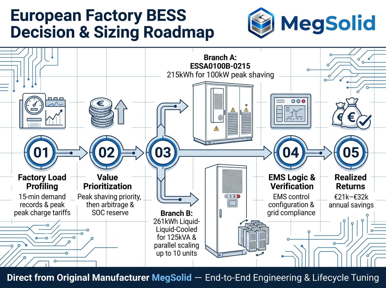 5-step engineering flowchart for European factory managers choosing between MegSolid 215.04 kWh and 261.24 kWh BESS systems