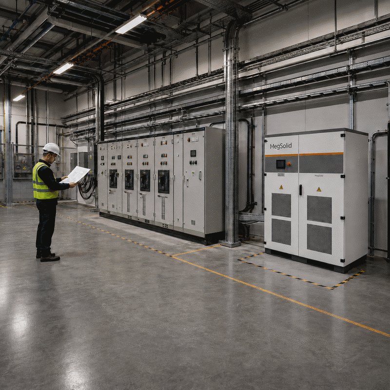 MegSolid MEGA transformer-integrated energy storage inverter in an industrial electrical room during an EPC interface review