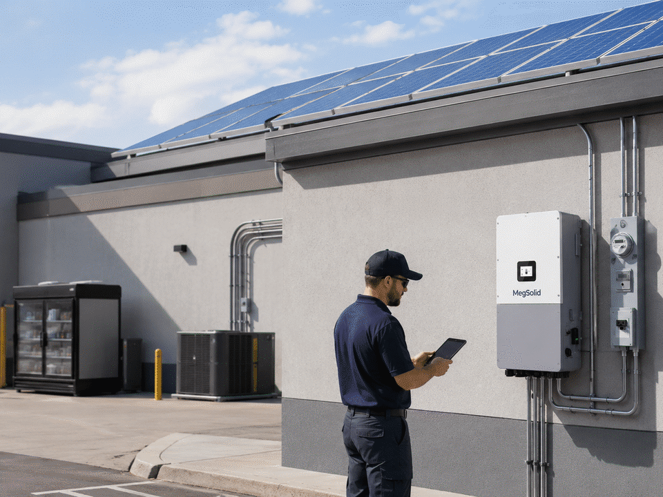 MegSolid R50KH3 driefase-hibriede omvormer by 'n kommersiële sonpanele- en batterystoorfasiliteit op 'n dak