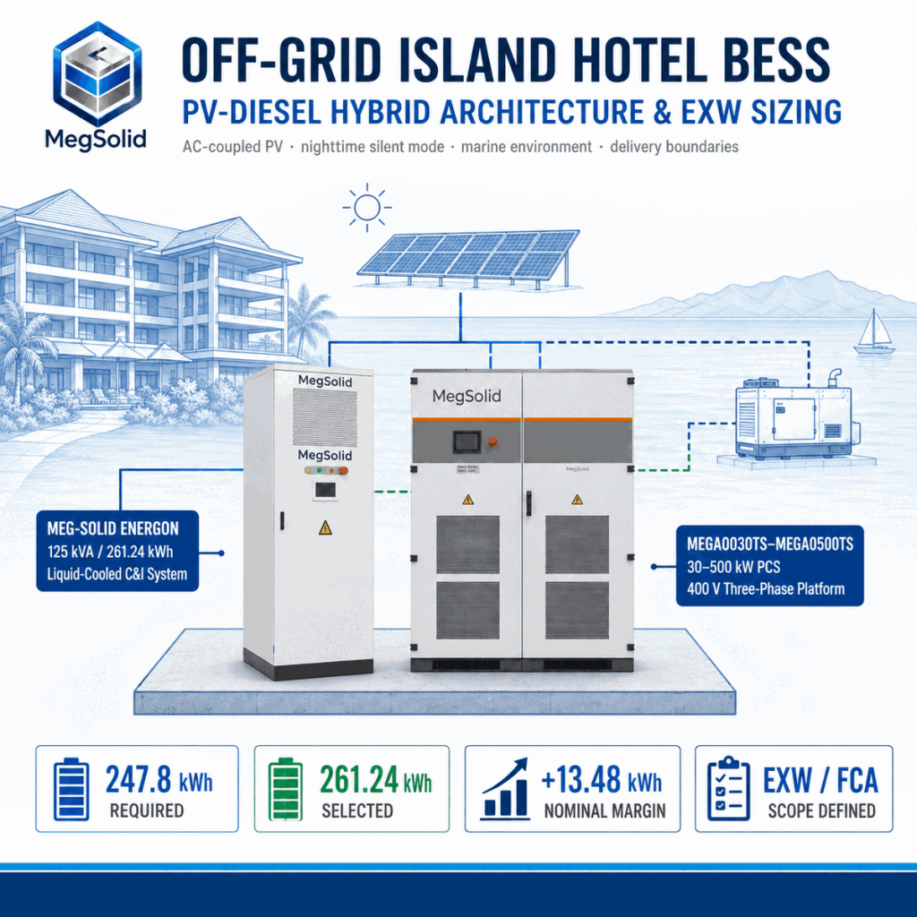 MegSolid 261.24 kWh liquid-cooled C&I energy storage system and MegSolid PCS supporting an island hotel PV diesel microgrid