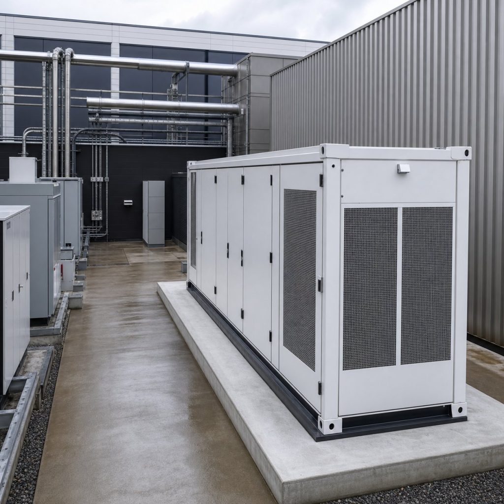Generic outdoor commercial energy storage enclosure in an industrial service area.