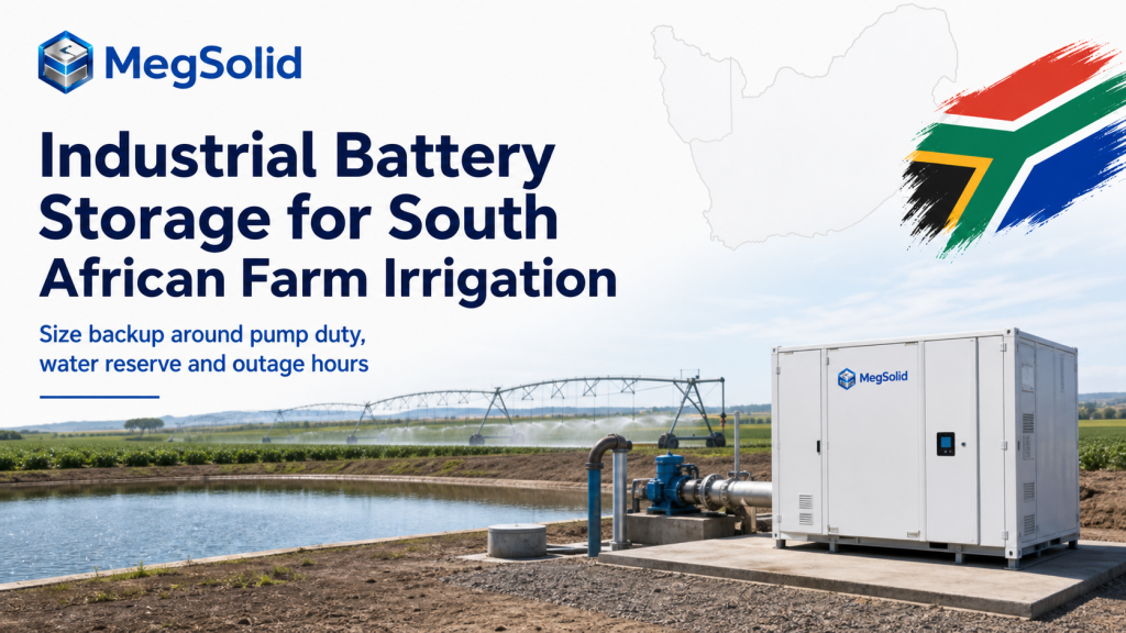 MegSolid industrial battery storage cabinet supporting a South African farm borehole pump, irrigation field and water reservoir