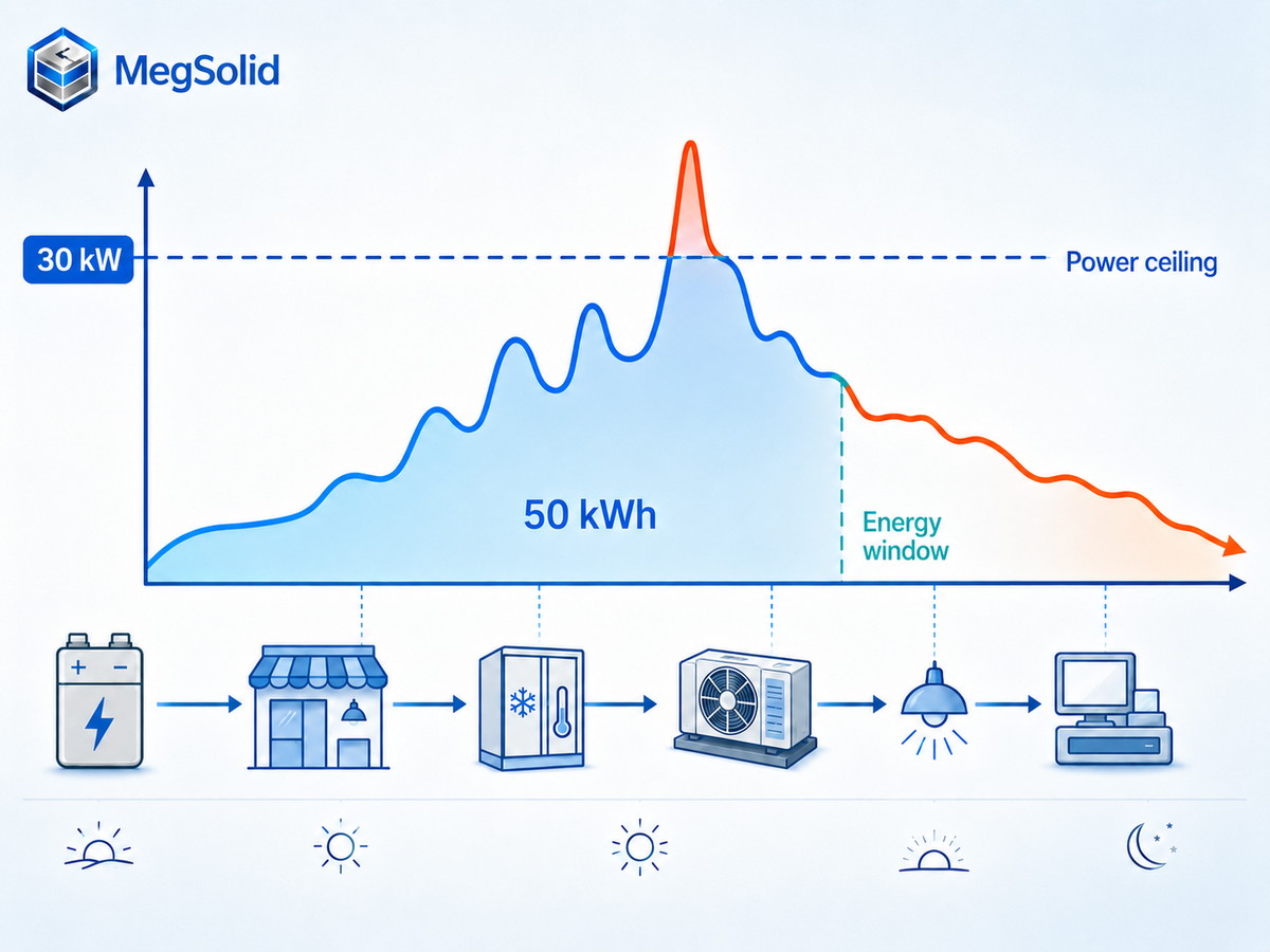 Schéma technique MegSolid illustrant une puissance maximale de 30 kW et une plage énergétique de 50 kWh par rapport à une courbe de charge commerciale